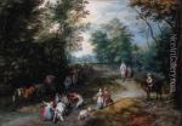 A Wooded Landscape With Travellers Oil Painting - Jan The Elder Brueghel
