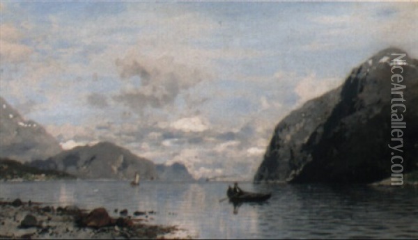Fjordlandschaft Mit Ruderboot, Segelboot Und Dampfer Oil Painting - Georg Anton Rasmussen