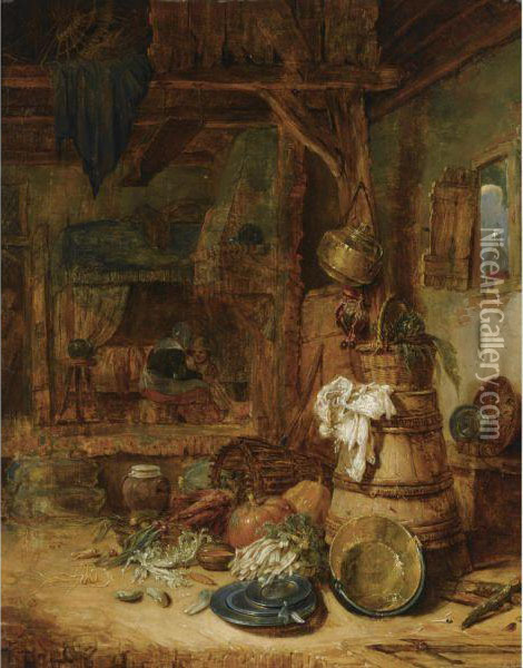 A Barn Interior With Pumpkins And Other Vegetables, Pewter Plates And A Copper Bowl Next To A Barrel, Two Peasants In The Background Oil Painting - Willem Kalf