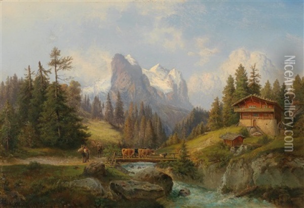 Gebirgslandschaft Mit Tierherde Und Figurlicher Staffage Oil Painting - Gustav Barbarini