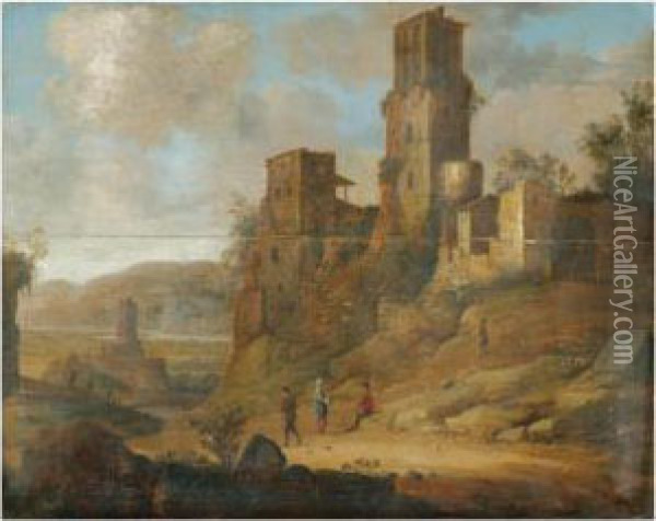 An Extensive River Landscape With Figures Resting Near A Ruined Fortification Oil Painting - Dirck Verhaert