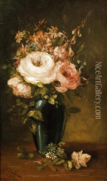 Pink Roses In A Greenearthenware Vase Oil Painting - Arthur Edward Blackmore