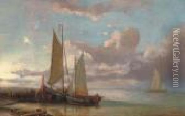 Moored Fishing Vessels At The End Of The Day Oil Painting - Abraham Hulk Jun.
