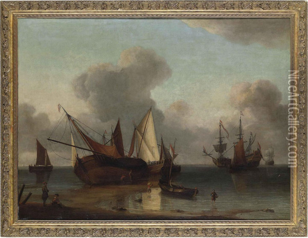 Shipping Becalmed Off A Coast Oil Painting - Hendrick Dubbels