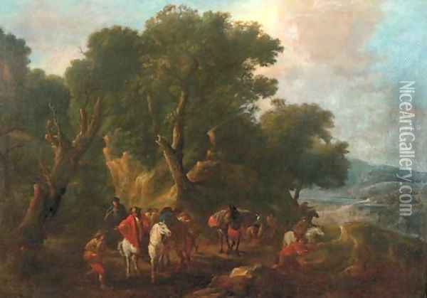 An Italianate wooded landscape with an ambush in the forground Oil Painting - Pieter van Bloemen