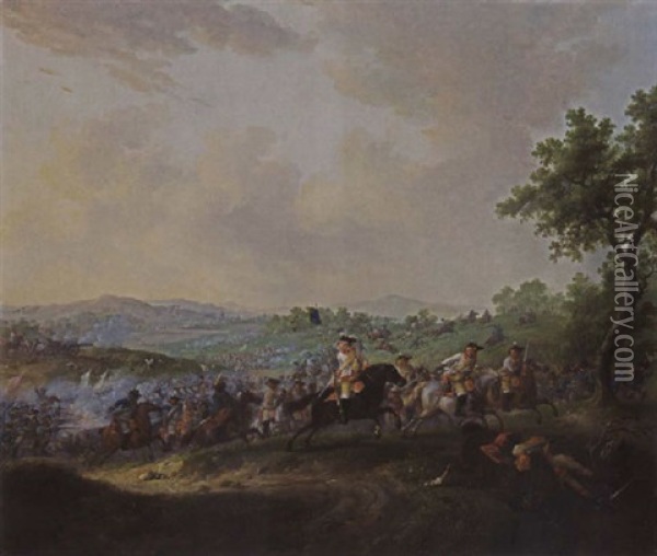 A Cavalry Battle Scene In A Hilly Landscape With Troops Retreating Oil Painting - Dirk Langendyk