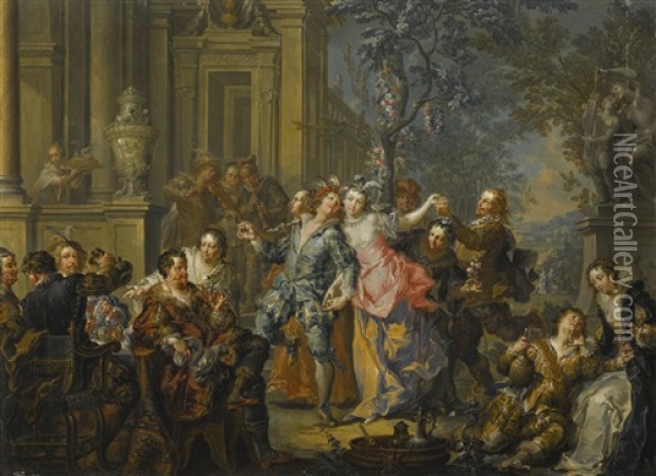 Elegant Company Making Merry Outside A Palace Oil Painting - Johann Georg Platzer