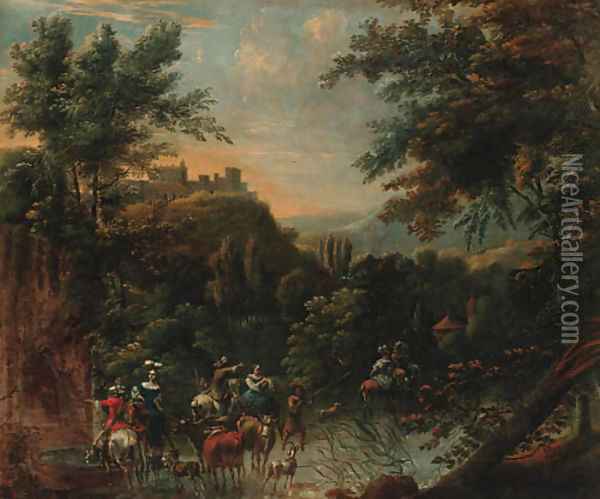 An extensive landscape with a hunting party and drovers watering cattle at a stream, a hilltop village beyond Oil Painting - Nicolaes Berchem