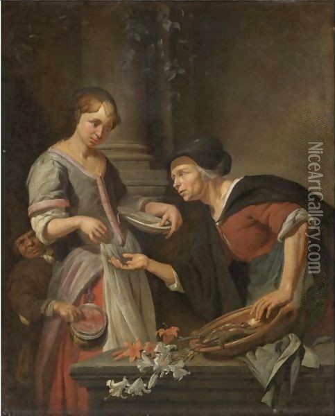 A Market Scene With A Young Lady Paying For Some Fish, A Boy Picking Her Purse Behind Oil Painting - Jacob Toorenvliet
