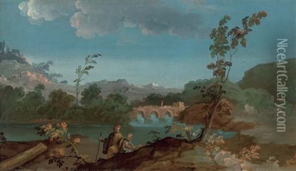 A River Landscape With A Young Priest And Two Beggars On A Path, A Fortress Beyond (+ A River Landscape With Two Travellers, A Bridge Beyond; Pair) Oil Painting - Paolo Anesi