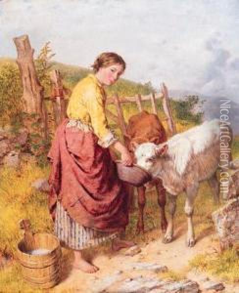 Feeding The Calves Oil Painting - Isaac Henzell