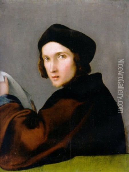Portrait Of A Young Man In A Brown Mantle And A Dark Cap, A Letter In His Hands Oil Painting - Lorenzo Lotto
