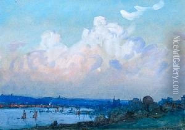 A River Estuary With Town And Shipping,possibly The Medway Oil Painting - Donald Maxwell