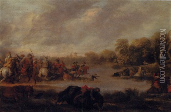 A Cavalry Skirmish By A River Oil Painting - Palamedes Palamedesz the Elder