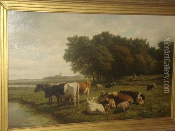 Cattle And Sheep By A Riverbank Oil Painting - Hendrik Savry