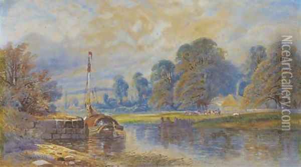 A barge moored on a river, with cattle grazing before a hamlet beyond Oil Painting - James Burrell Smith