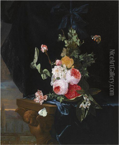 A Swag Of Roses And Thistle-leaf Oil Painting - Carstiaen Luyckx