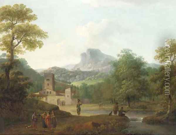 A classical river landscape with figures on a path, a town beyond Oil Painting - Pierre Joseph Wallaert