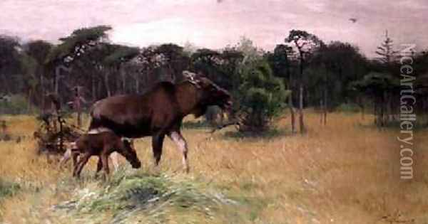 Moose with her Calf in a Landscape 2 Oil Painting - Wilhelm Kuhnert