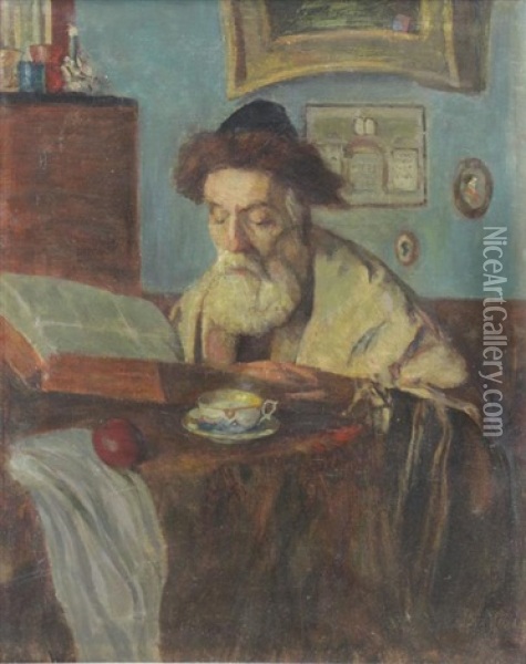 Rabbi With Book Oil Painting - Otto Herschel