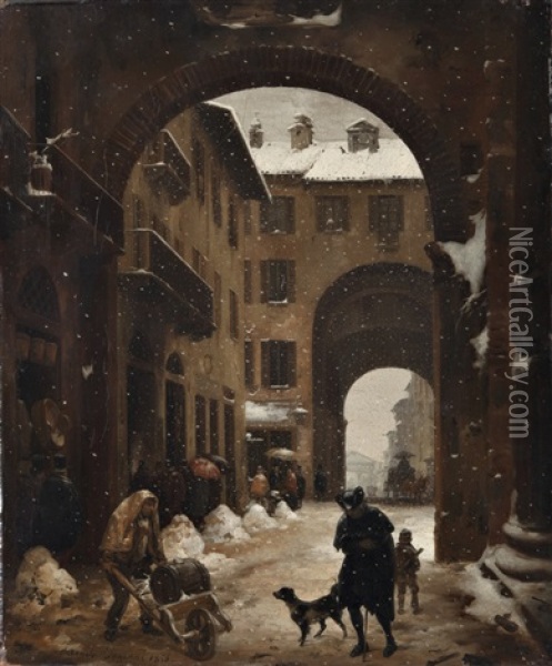 Veduta Di Porta Ticinese Con L'effetto Di Neve Cadente Oil Painting - Angelo Inganni