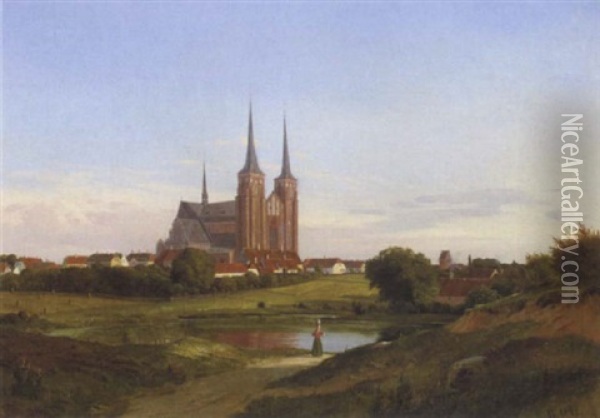 Udsigt Mod Roskilde Domkirke Oil Painting - Frederik Niels Martin Rohde