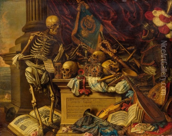 Memento Mori Still Life With Musical Instruments, Books, Sheet Music, Skeleton, Skull And Armour Oil Painting - Carstian Luycx
