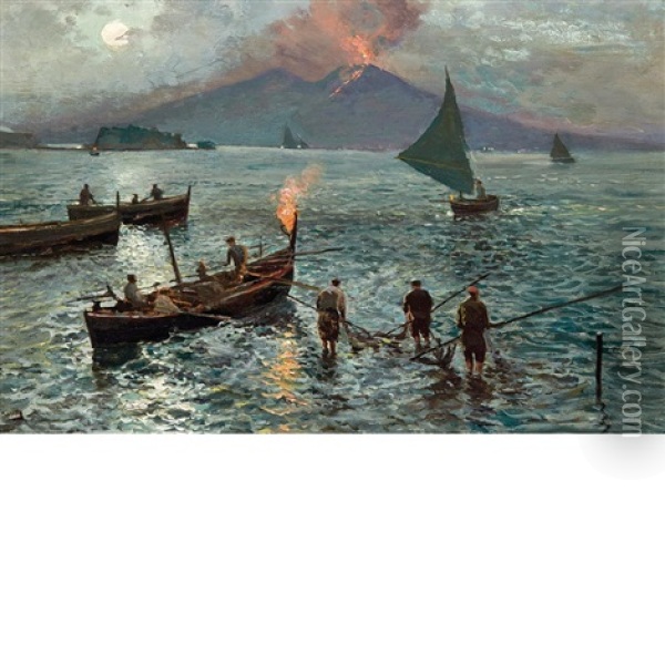Night Fishing In The Bay Of Naples oil painting reproduction by Attilio  Pratella 
