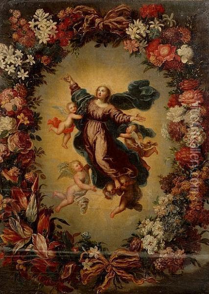 The Assumption Of The Virgin Within A Floral Surround Oil Painting - Mario Nuzzi Mario Dei Fiori