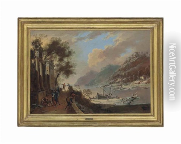 A Capriccio Harbour Scene With Figures Distributing Alms Oil Painting - Domenico Gargiulo