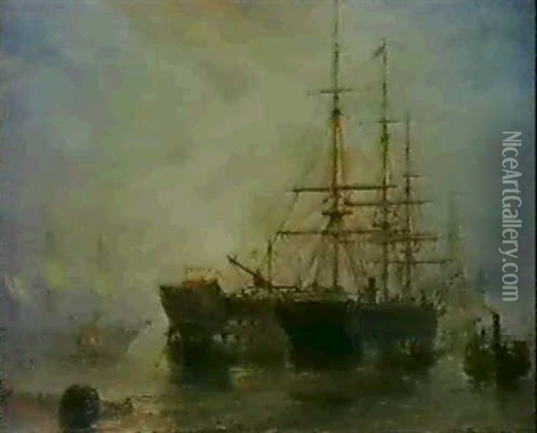 Her Majesty's Troop-ships Receiving Stores In Portsmouth    Harbour Oil Painting - Claude T. Stanfield Moore