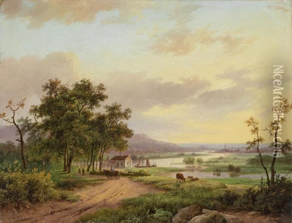 Flusslandschaft Mitpferdekarren Und Kuhen Oil Painting - Marianus Adrianus Koekkoek
