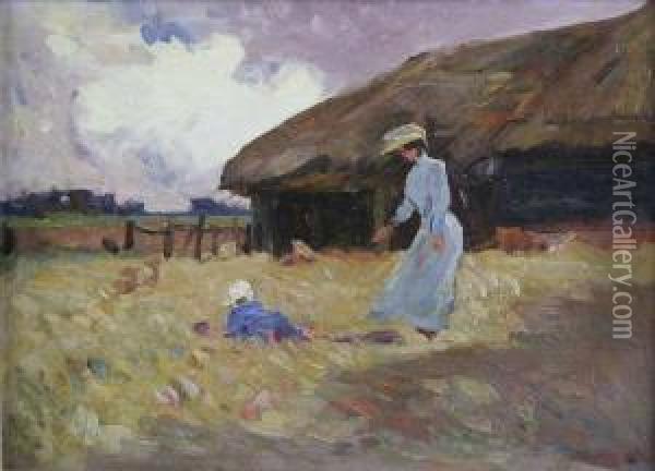 Farmyard With Mother And Child Oil Painting - Harold Waite