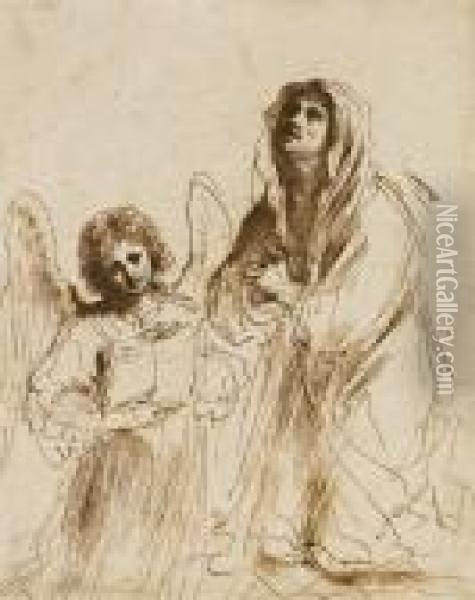 Saint Francesca Romana At Prayer, An Angel Holding A Book At Herside Oil Painting - Guercino