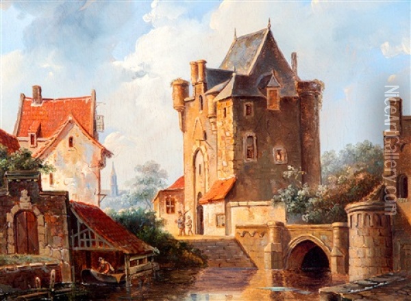 Houses Along A Canal Oil Painting - Elias Pieter van Bommel
