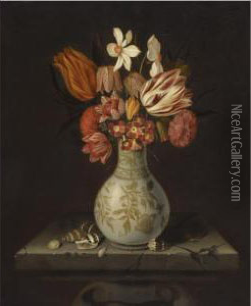 Still Life With Tulips, Crocuses, Primroses And Other Flowers In A Vase On A Stone Plinth With Shells Oil Painting - Jan Baptist van Fornenburgh