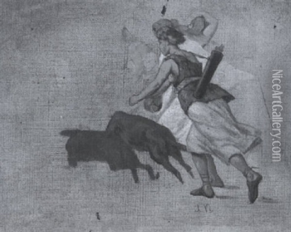 Weibliche, Antike Gestalten Beim Schweinetreiben Oil Painting - Arthur Johann Severin Nikutovski