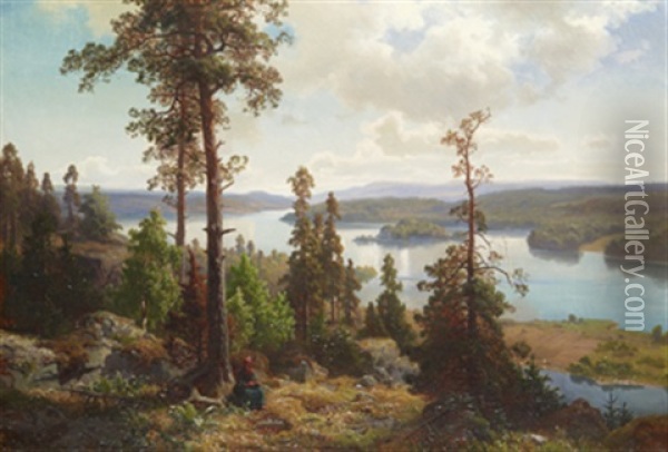 Insjolandskap Med Rastande Kvinna Oil Painting - Edward (Johan-Edvard) Bergh