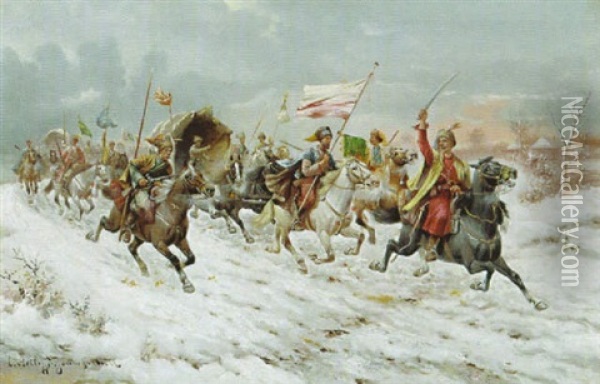Russischer Reitertrupp Mit Pferdefuhrwerken In Weiter Winterlandschaft Oil Painting - Adolf (Constantin) Baumgartner-Stoiloff