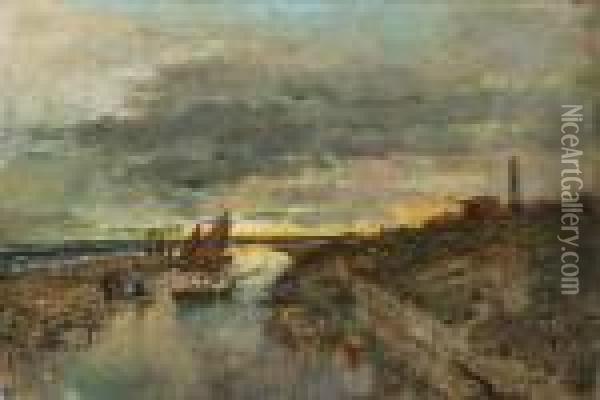 Abend Bei Cuxhaven. Kuste Mit Leuchtturm Und Fischerbooten Oil Painting - Karl Heffner