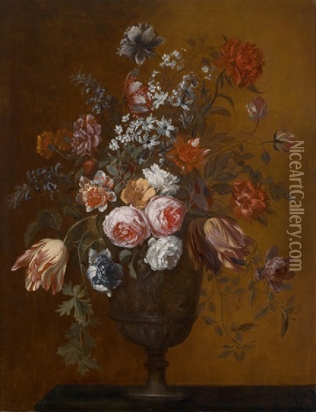 Ein Stillleben Von Rosen, Tulpen, Anemonen Und Anderen Blumen In Einer Ornamentierten Vase Auf Einem Podest Oil Painting - Jakob Bogdani