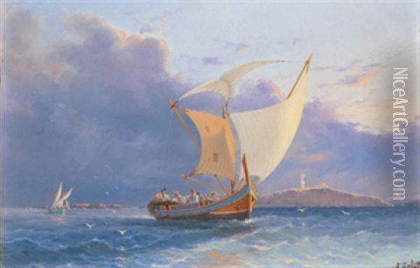 Fiskebatar Utanfor Maltas Hamn Oil Painting - Luigi Maria Galea