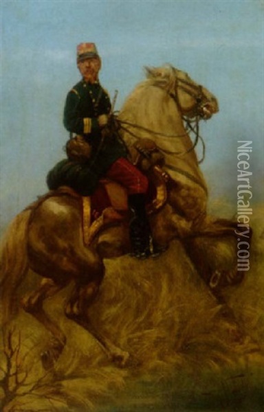 Reiter In Uniform Auf Trabendem Pferd Oil Painting - Alphonse Marie de Neuville