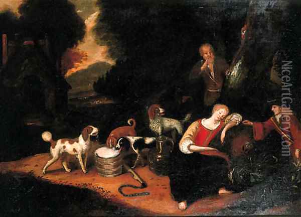 A sportsman teasing a shepherdess asleep at the edge of a wood Oil Painting - Adriaen Cornelisz. Beeldemaker