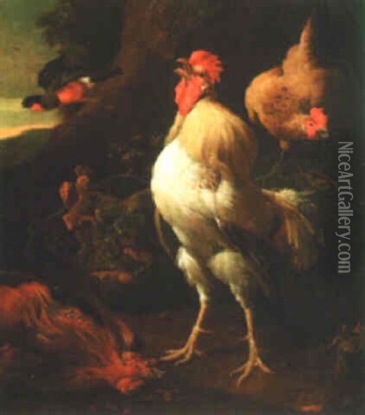 Landscape With A Cockerel And A Hen Oil Painting - Melchior de Hondecoeter