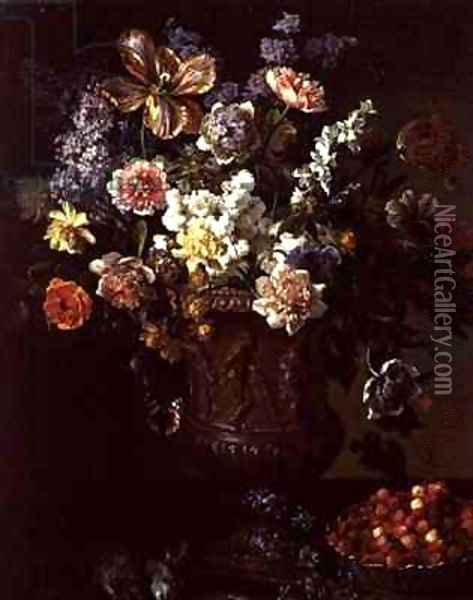 Flowers in a Sculpted Urn with a Bowl of Wild Strawberries and Hare on a Ledge Oil Painting - Alexandre-Francois Desportes