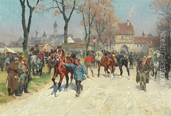 From A Horse Market Oil Painting - Max Joseph Pitzner