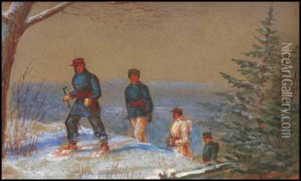 A) Snowshoers In Quebec Hills Oil Painting - Frederick S. Barnjum
