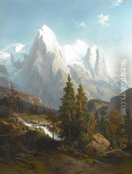 Figures Walking In A Mountain Landscape Oil Painting - Johann Wilhelm Lindlar