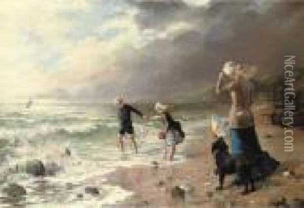 Playing In The Waves Oil Painting - George Swinstead